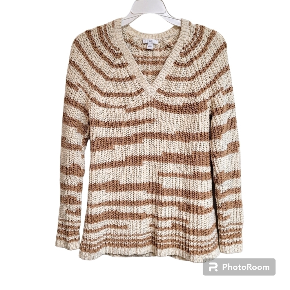 J. Jill Cream And Brown Chunky Knit Striped V-neck Sweater Women's Size Small